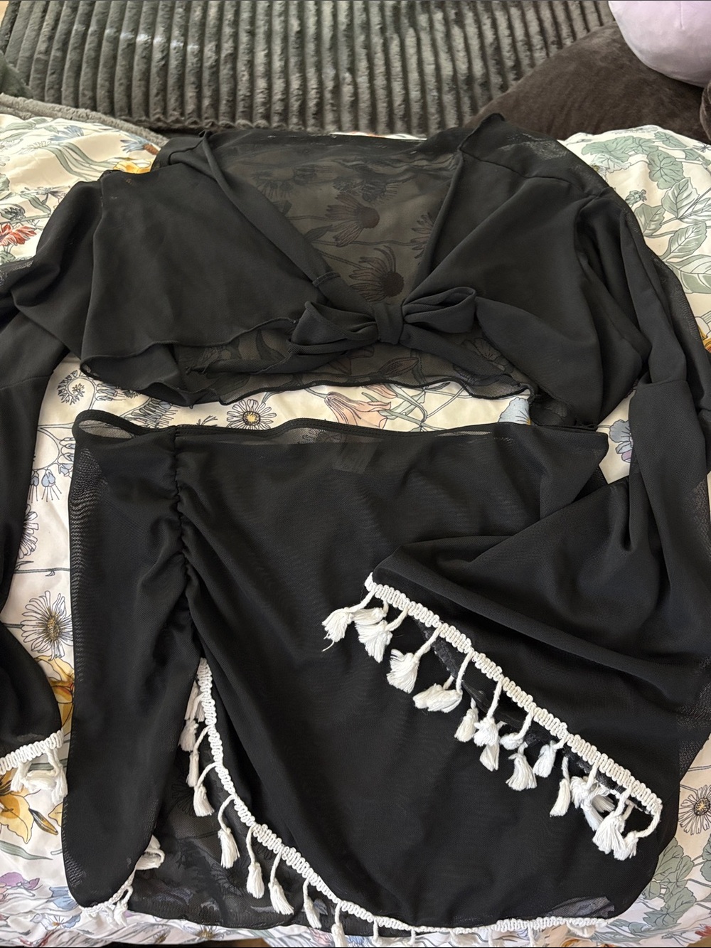 Black Sheer Two-Piece Set with White Tassel Trim